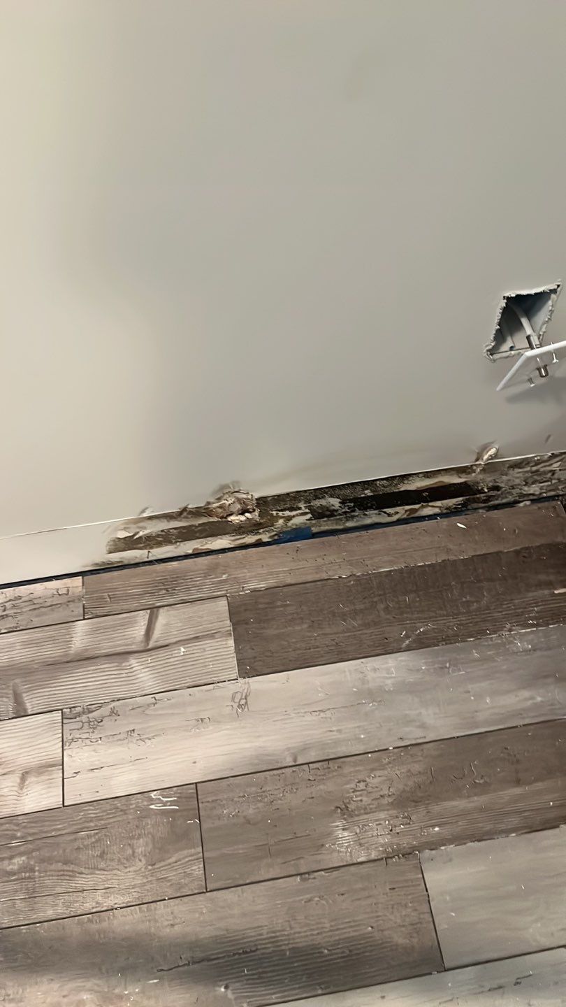 Water-damaged laminate flooring and wall base